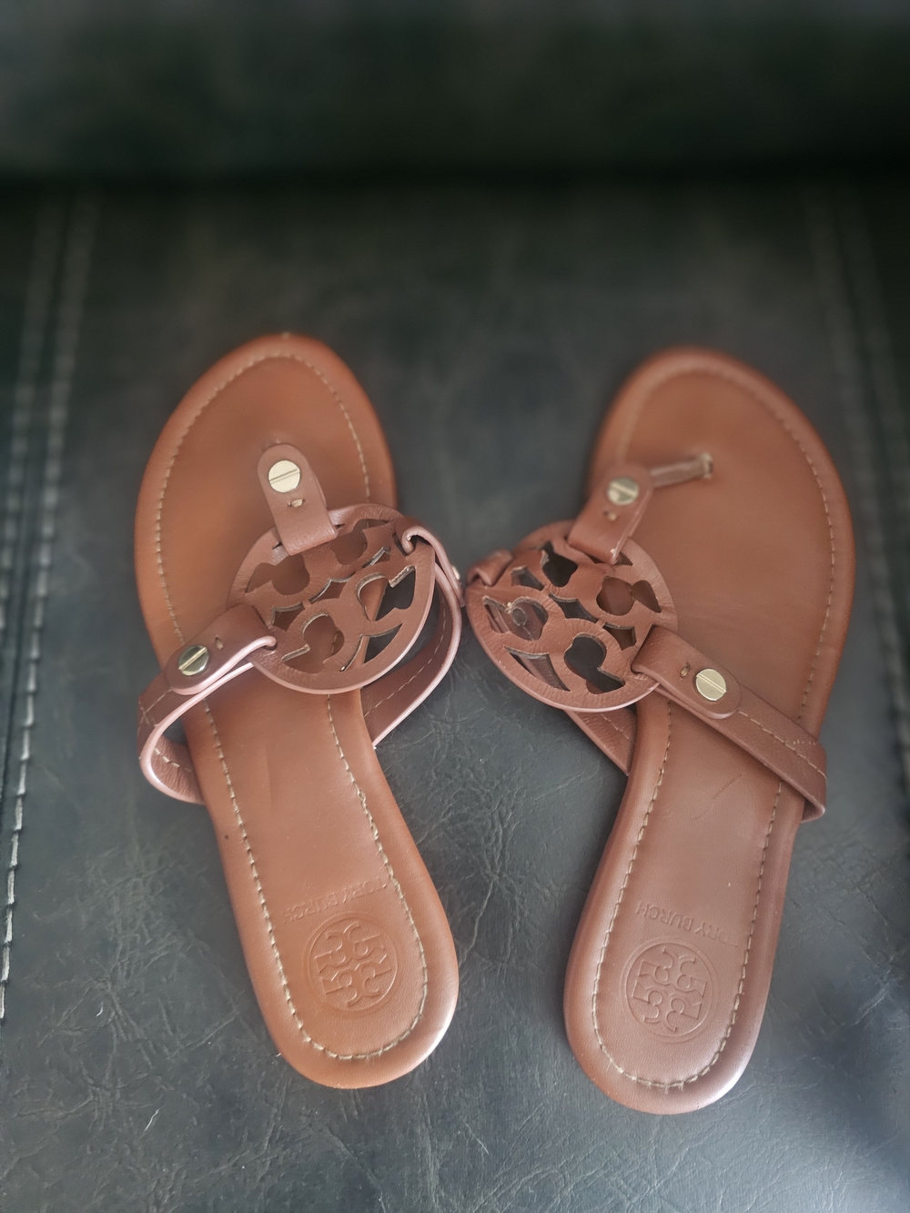 Tory Burch Brown Leather Logo Thong Sandals